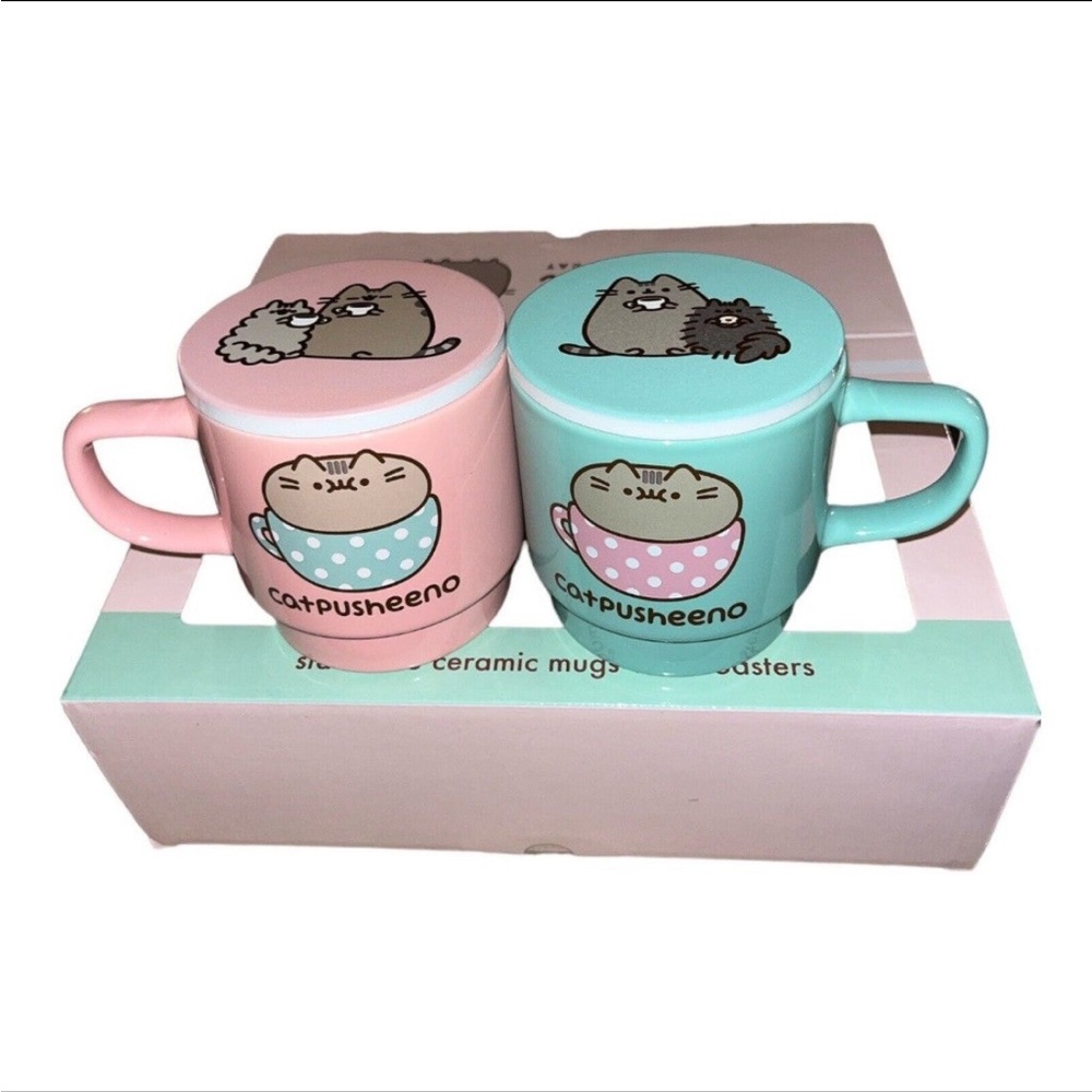 NWT! Pusheen the Cat Stackable Ceramic Mugs with Coasters/Lids